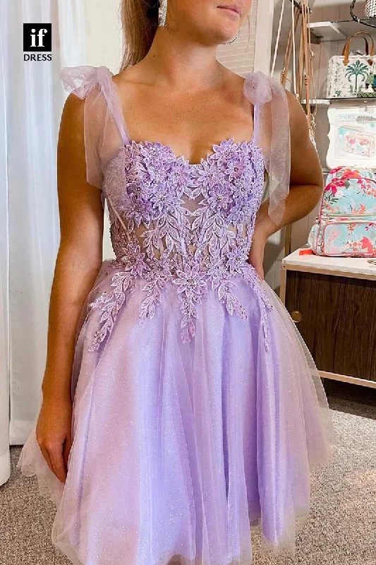 F1886 - A-Line Sweet Straps Lace Appliques Short Cocktail Homecoming Party Dress empire Waist empire