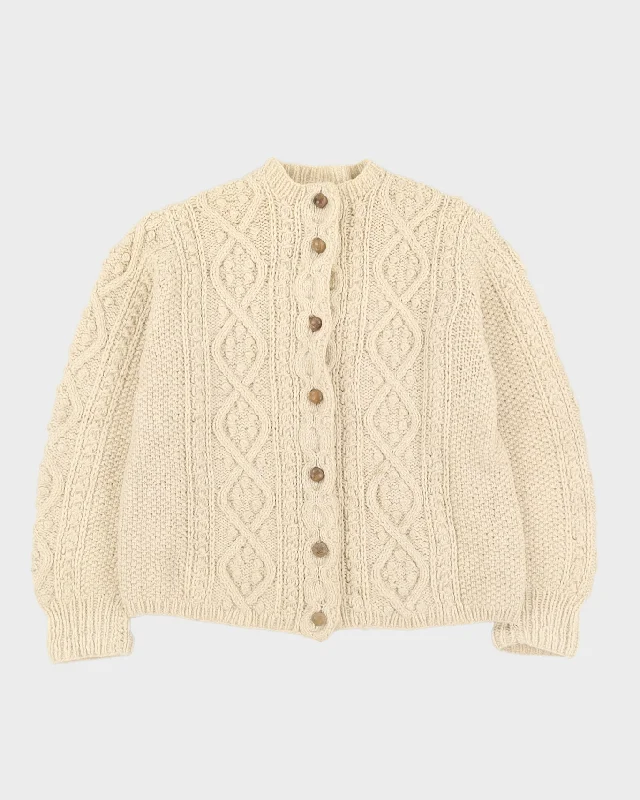 Vintage 1980s Cream Aran Wool Cardigan - L Transparent Opaque Sheer
