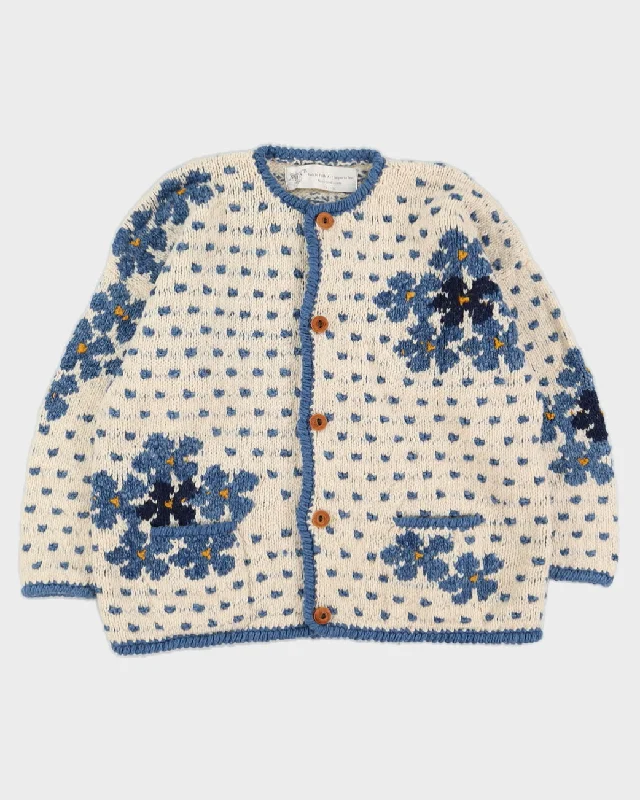 Cream With Blue Flowers Knitted Cardigan - XL Lightweight Heavyweight Midweight