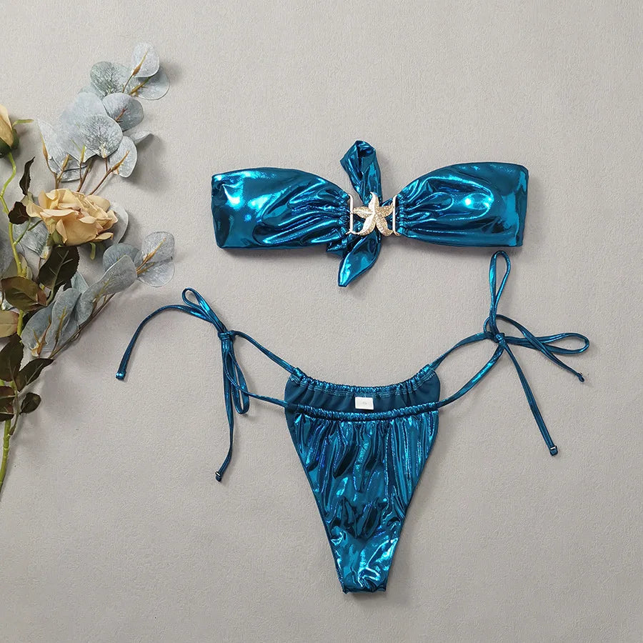 2024 Gem Blue Glossy Bikini Women's Clothing Swimsuit Reversible Bikini Set