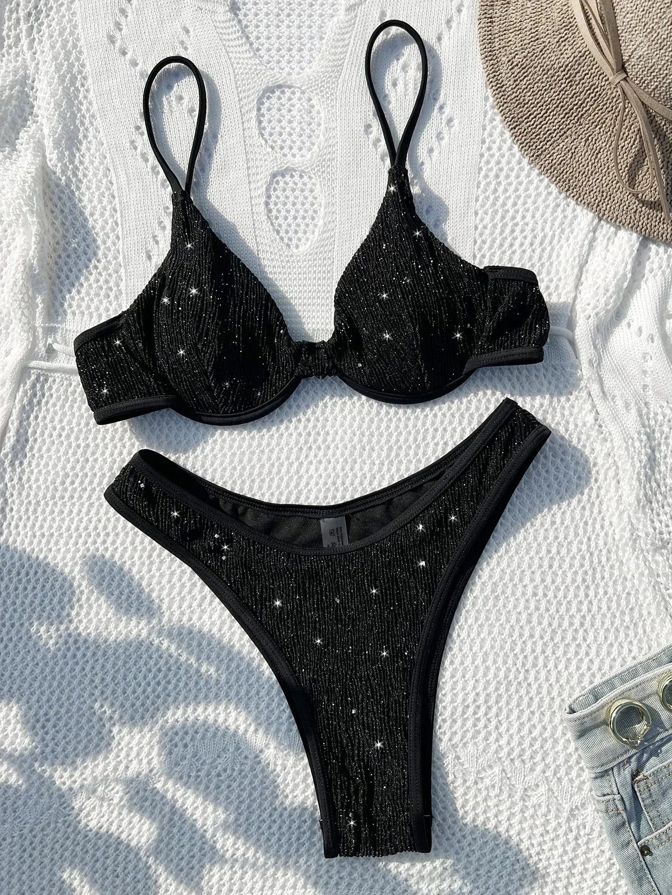 Black Shiny Bikini Sexy High Waist 2 Piece Swimwear Solid Color Swimsuit