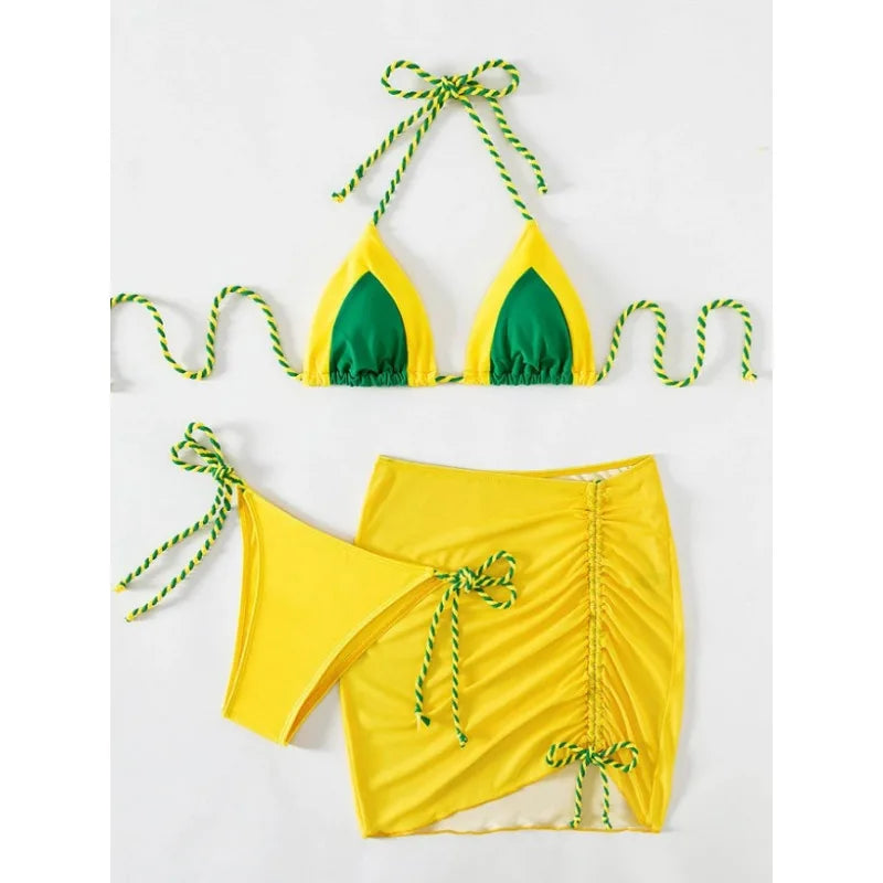 Fashion Summer Contrasting Color Swimsuit Bikini Swim Dress with Belt