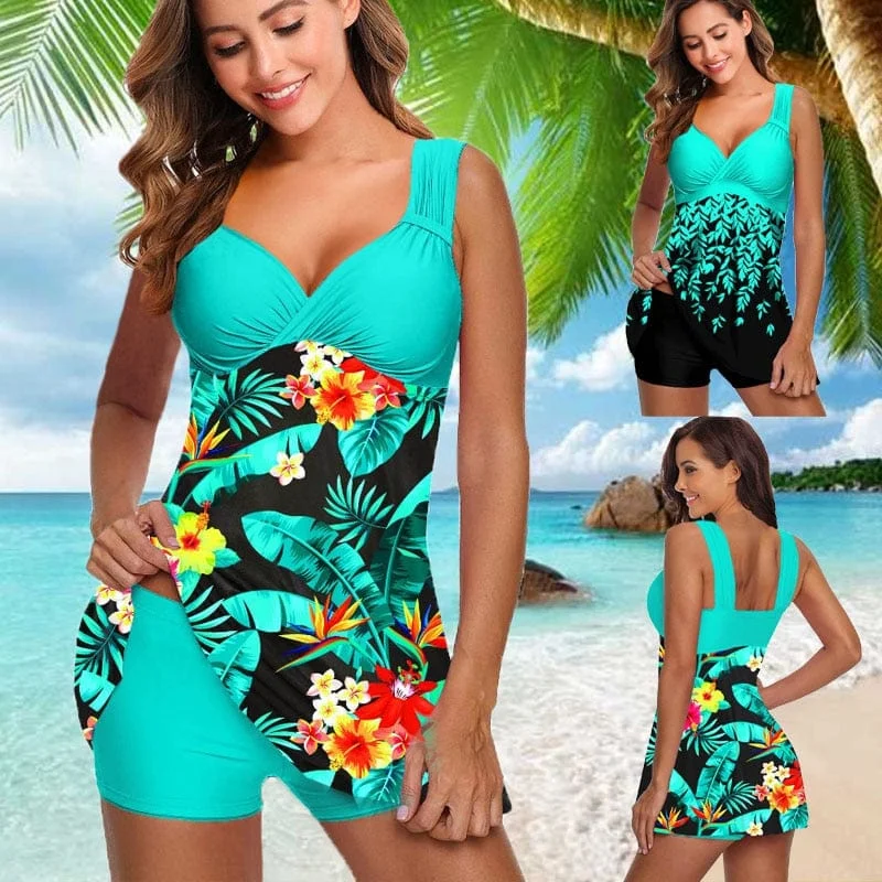 Floral Plus Size Swimdress Set Shiny One-Piece Swimsuit