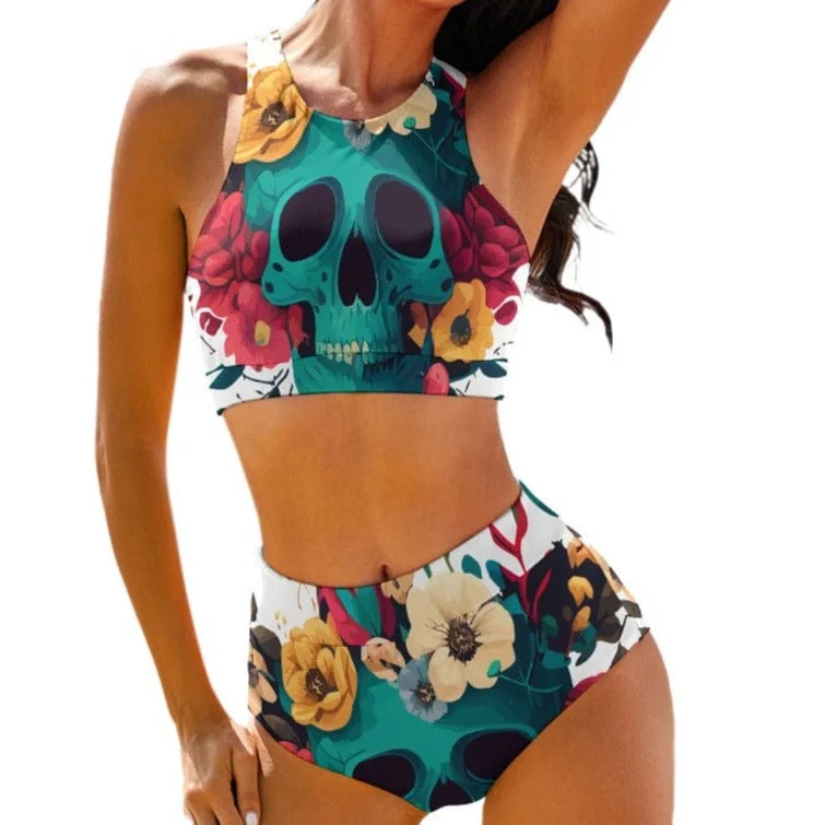 Ladies Blue Skull Floral Two Piece Bikini Swimsuit Minimalist One-Piece