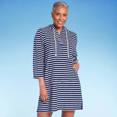 Lands' End Women's Striped V-Neck Terry Hooded Swimsuit Cover Up - Navy Vibrant Bikini Bottoms