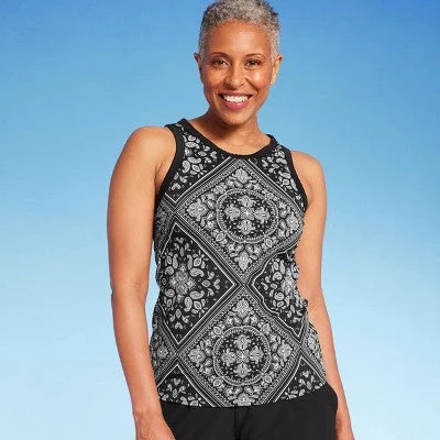 Lands' End Women's UPF 50 Bandana Print High Neck Tankini Top - Black XL High-Waisted Swim Bottoms