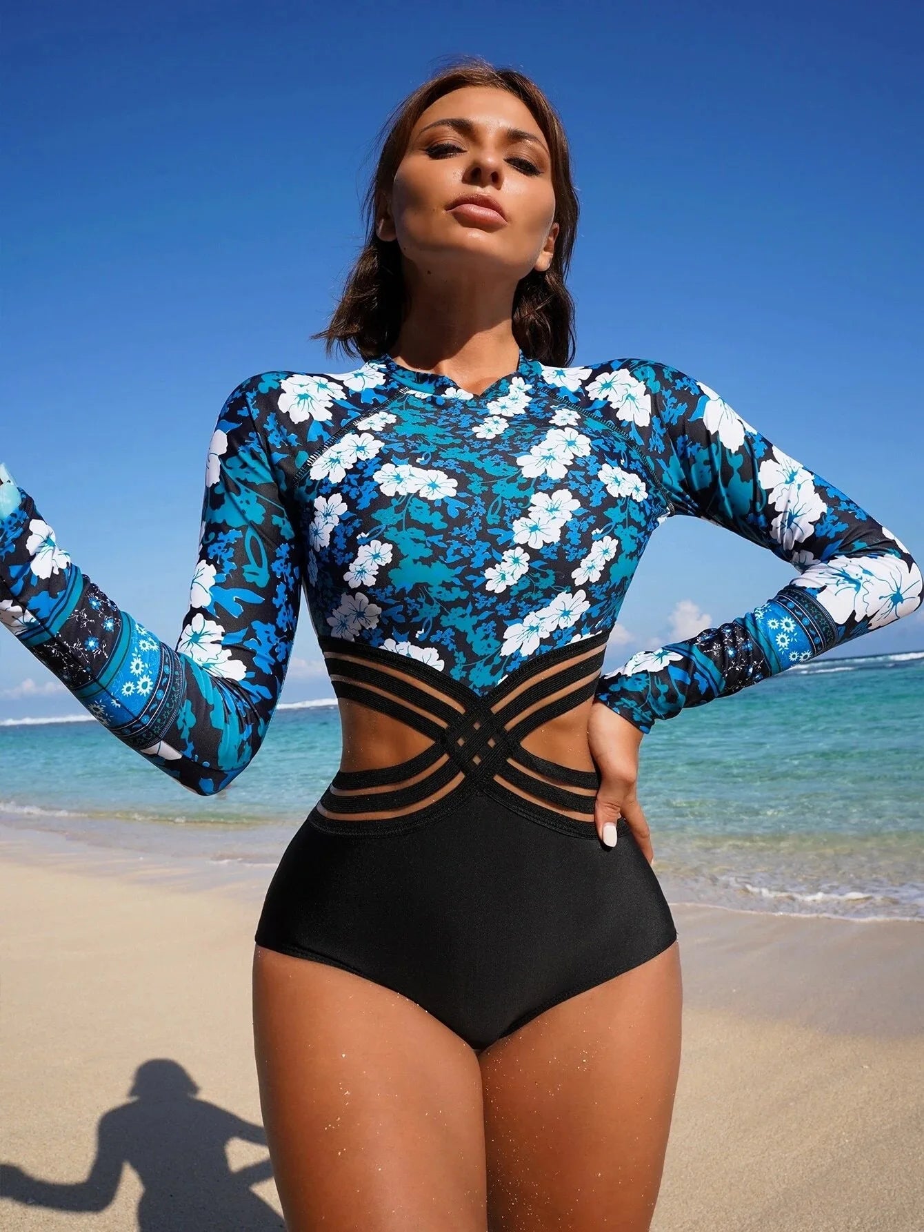 Long Sleeved One Piece Swimsuit High Waisted Full Coverage Swimsuit