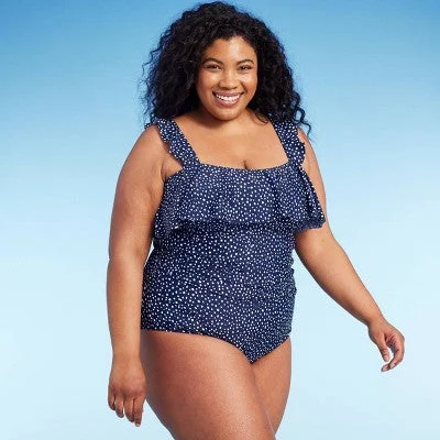 New - Kona Sol Women's Ruffle Shoulder One Piece Swimsuit Full Coverage, Navy Blue 17 Summer Ready Swimsuit