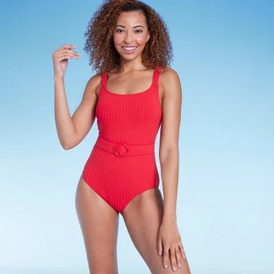 New - Women's Ribbed Front Belt Full Coverage One Piece Swimsuit - Shade & Shore Red S Adjustable Swim Top New - Women's Ribbed Front Belt Full Coverage One Piece Swimsuit - Shade & Shore Red S Adjustable Swim Top