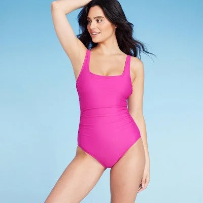 New - Women's Square Neck Medium Coverage One Piece Swimsuit - Shade & Shore Pink L Crisscross Back Swimsuit New - Women's Square Neck Medium Coverage One Piece Swimsuit - Shade & Shore Pink L Crisscross Back Swimsuit