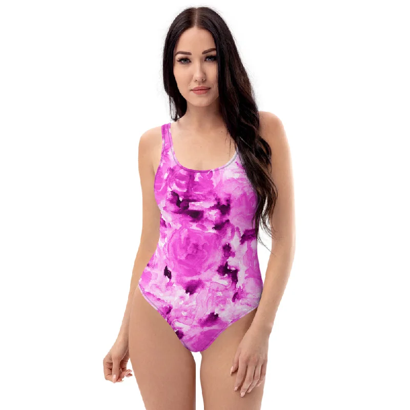 Pink Floral One-Piece Swimsuit, Roses Flower Print Best Women's Swimwear-Made in USA/EU High-Waist Bikini Set Pink Floral One-Piece Swimsuit, Roses Flower Print Best Women's Swimwear-Made in USA/EU High-Waist Bikini Set