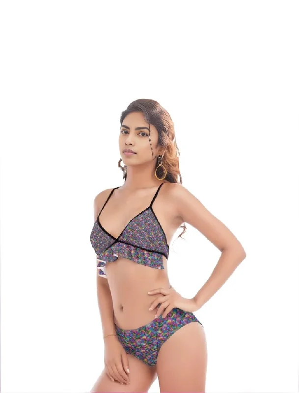 Psy-Rose Womens Bikini Swimsuit With Ruffle Hem Floral Print Swimsuit