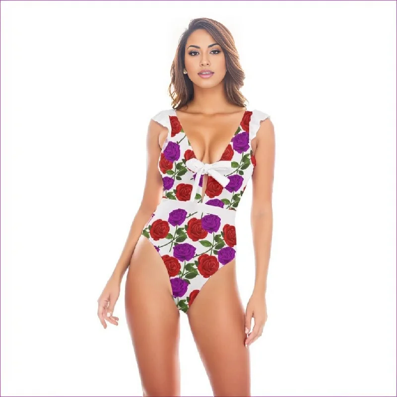Red Rose Purp Women's Ruffle One Piece Swimsuit Strapless Swimsuit Top