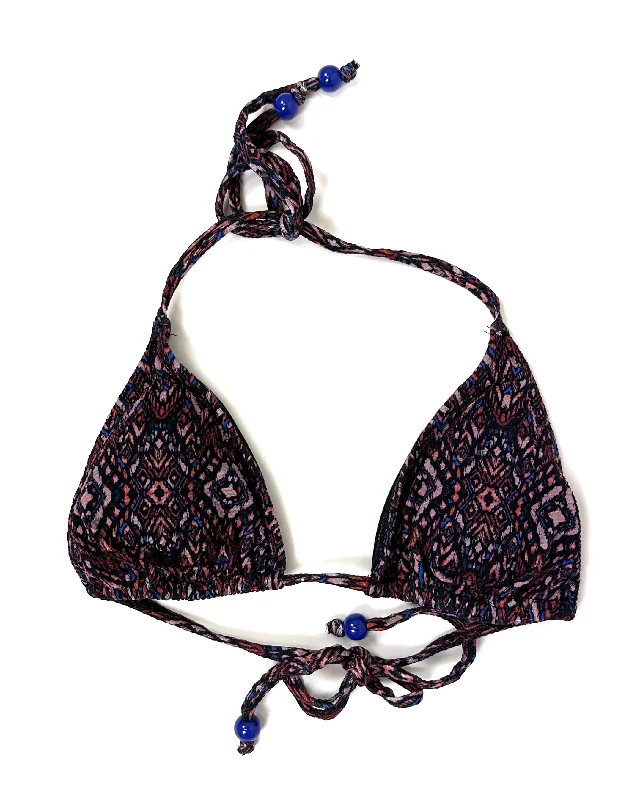 Salmon and Blue Abstract Swim Top - Small Ruffled Swimsuit Top