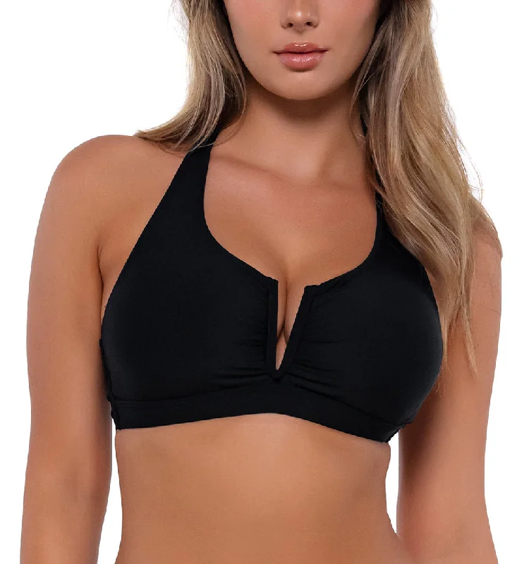 Sunsets Swimwear Vienna Black V-Wire Bikini Top 530 Shiny One-Piece Swimsuit
