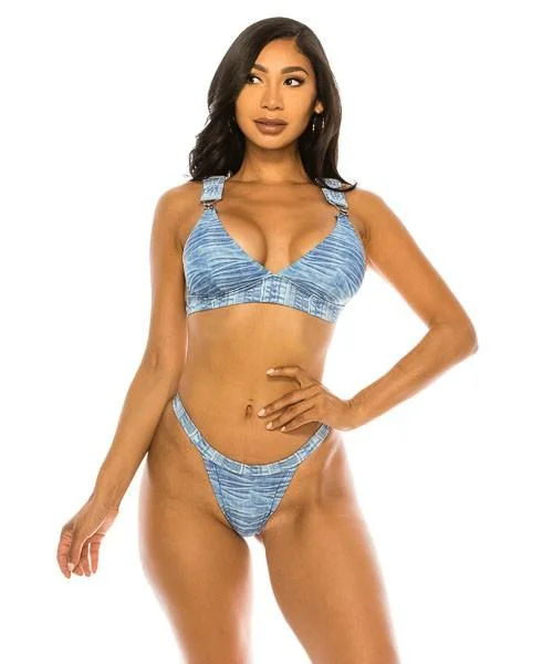Swimwear - Two Piece Big Buckle Denim Swimwear Bold Swimsuit Design