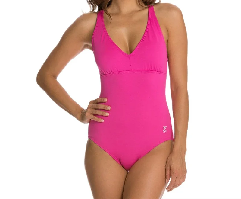TYR Women's Pink Halter Twist V-Neck One Piece Swimsuit #TMTX7A 14 NWT Push-Up Bikini Bottoms