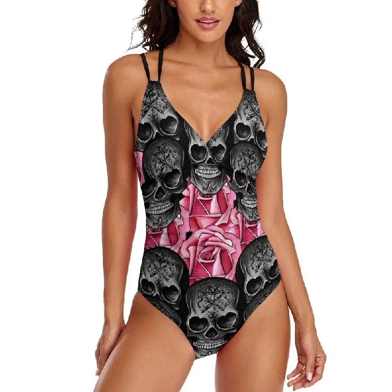 Women's Black Skulls Pink Flowers One-piece Swimsuit V-Neck Swim Dress