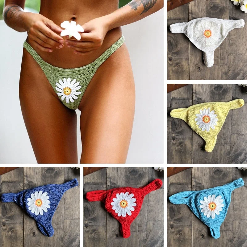 Women's Cotton Sexy Hand Knitting Flower Pattern Thong Swimwear Mesh Detail Bikini