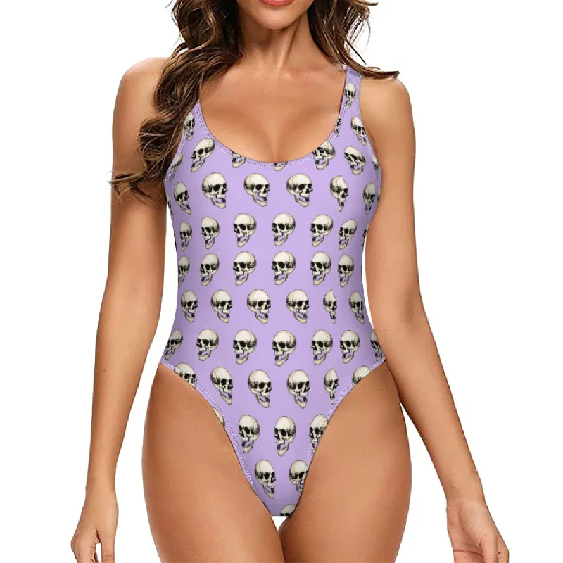 Women's Purple Skulls One Piece Swimsuit Plunge Back Swimsuit