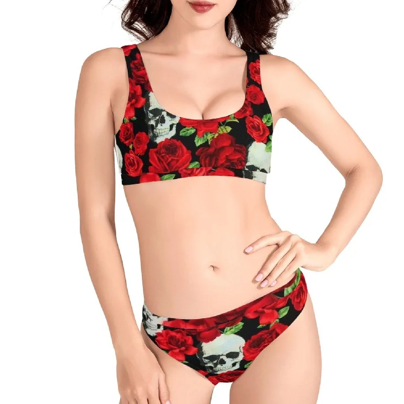 Women's Red Roses Skull Print Sport Bikinis Swimsuit Sporty Swim Shorts