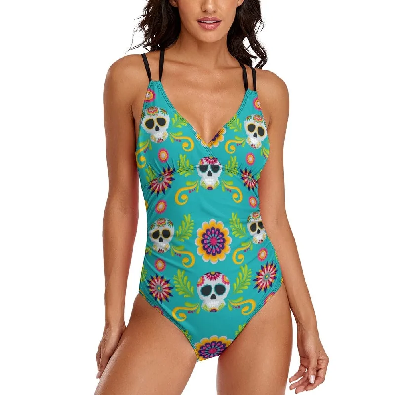 Women's Skull Deep V-Neck One-piece Swimsuit Sporty Racerback Swimsuit