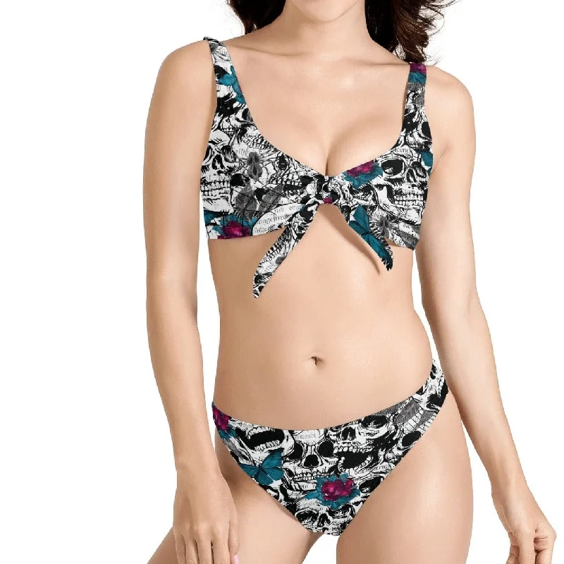 Women's Skull Print Bow Front Bikinis Swimsuit Sexy Swimwear Set