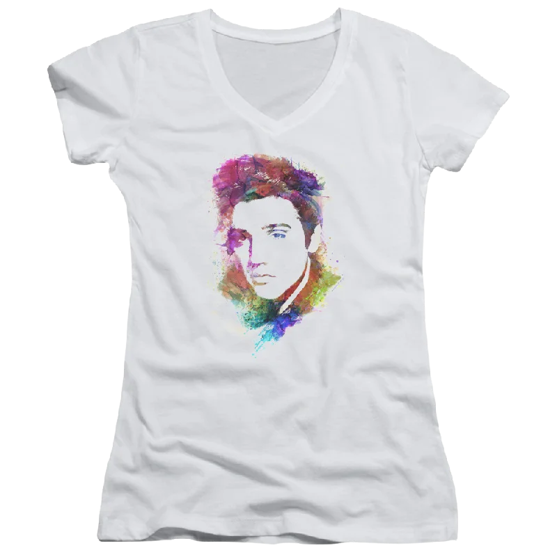 Elvis Presley Watercolor King - Juniors V-Neck T-Shirt-- Striped Floral Plaid