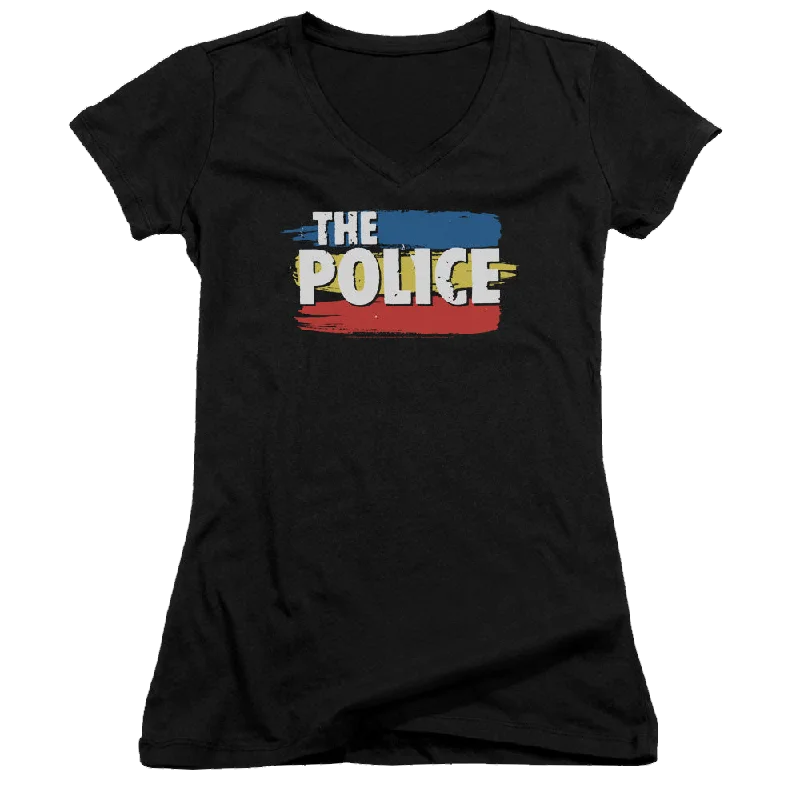 The Police Three Stripes Logo - Juniors V-Neck T-Shirt-- Zippered Front Buttoned Front Snap Front The Police Three Stripes Logo - Juniors V-Neck T-Shirt-- Zippered Front Buttoned Front Snap Front
