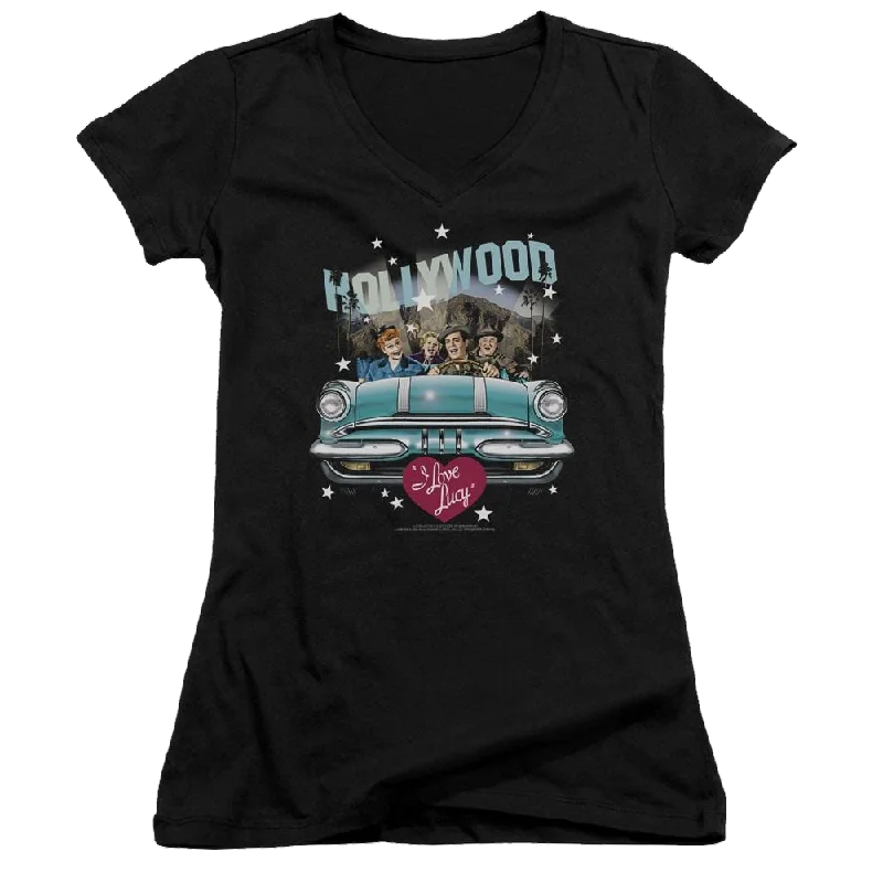 I Love Lucy Hollywood Road Trip Juniors V-Neck T-Shirt-- Front Pockets Side Pockets Patch Pockets I Love Lucy Hollywood Road Trip Juniors V-Neck T-Shirt-- Front Pockets Side Pockets Patch Pockets