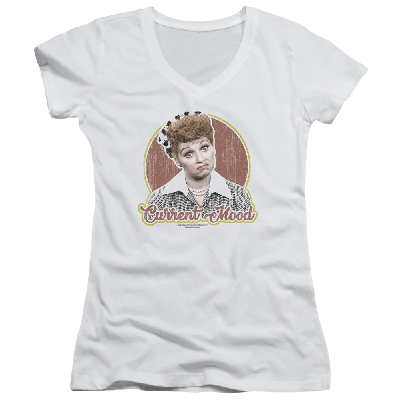 I Love Lucy Current Mood Juniors V-Neck T-Shirt-- Nylon Fabric Polyester Fabric Spandex Fabric I Love Lucy Current Mood Juniors V-Neck T-Shirt-- Nylon Fabric Polyester Fabric Spandex Fabric