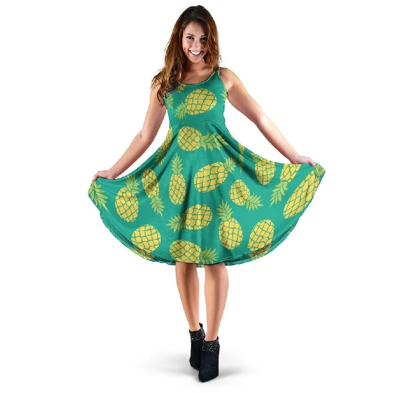 Green Pineapple Print Dress Tunics Silk luxurious