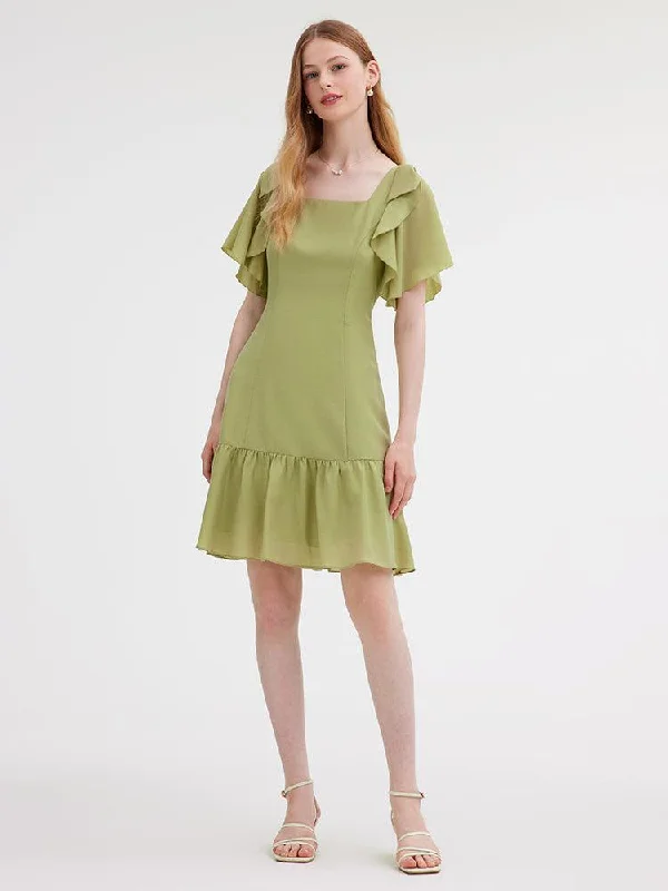 Acetate Ruffle Sleeve Dress Tunics Trendy modern