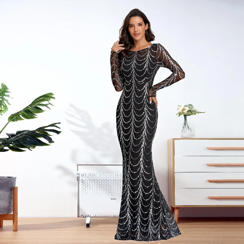 BerriesJam - 2024 Plus Size O Neck Full Sleeve Mermaid Sequins Evening Dress Tunics stripes playful