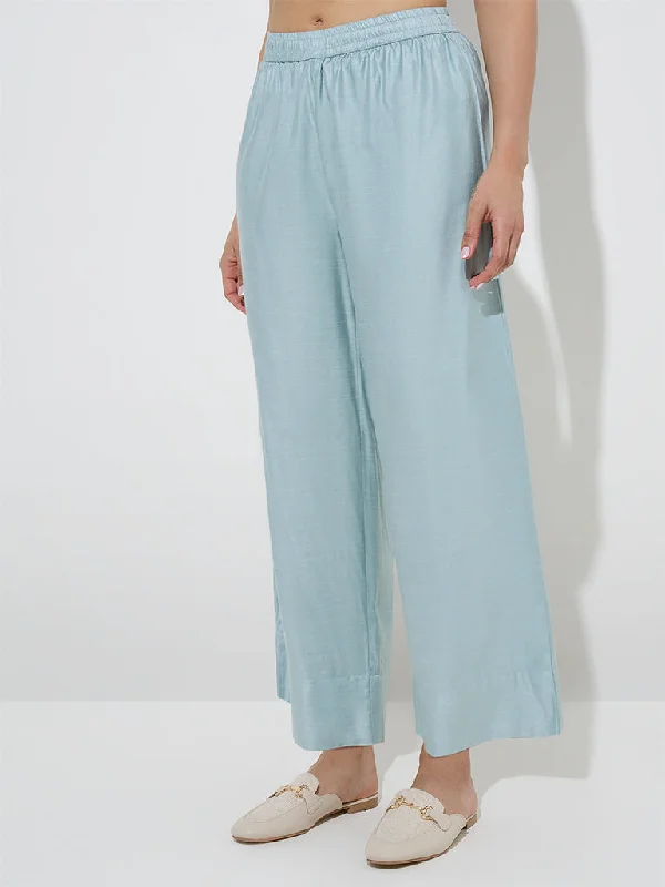 Zuba Dusty Blue Silk-Blend Ethnic Pants Classic Pleated Pants