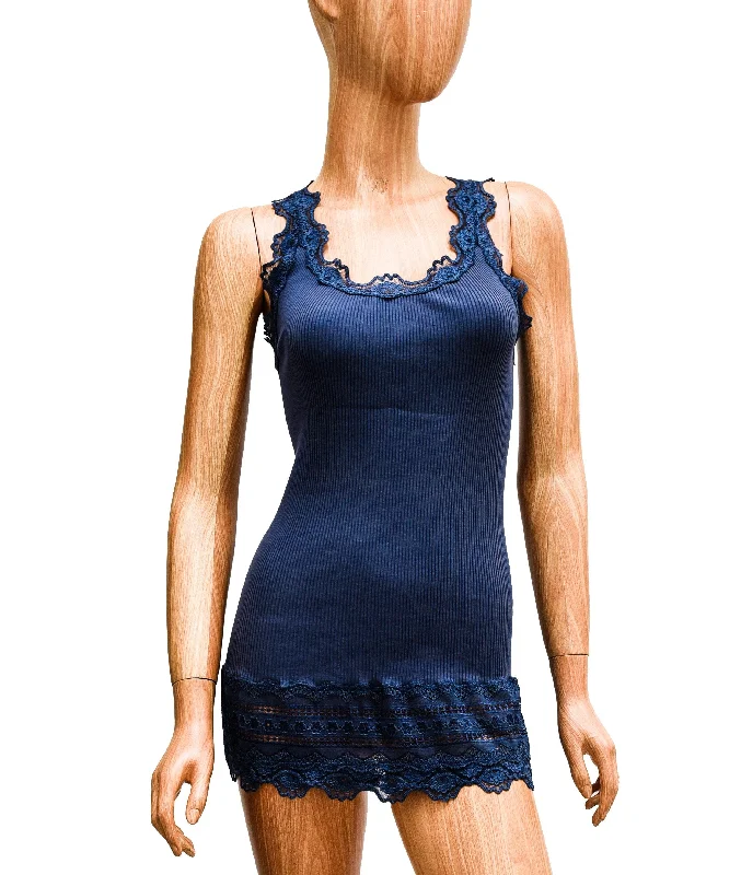 Fitted Blue Ribbed Tank with Lace Trim coral tank top