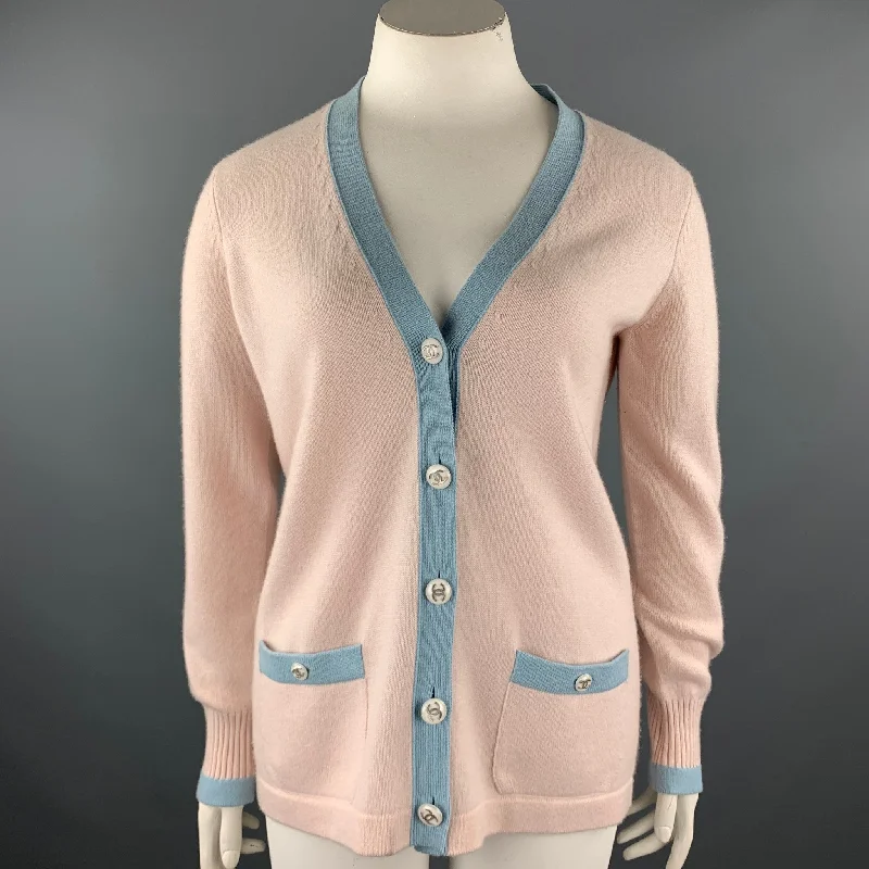 CHANEL Size 10 Pink Knitted Blue Trim Cashmere Cardigan Real Fur Shearling Chenille