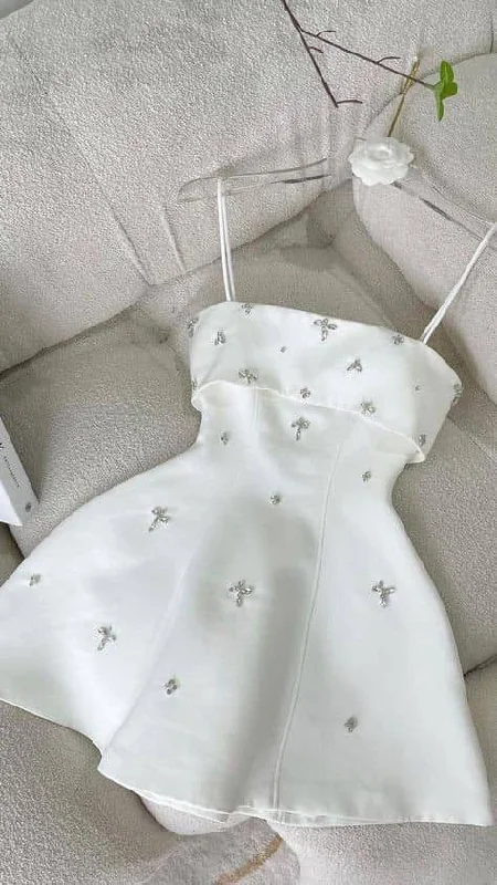 Cifeeo-back to school outfits 18th Birthday A Line Spaghetti Straps White Satin Homecoming Dresses Party Dress C3150 Tunics Print Colorful