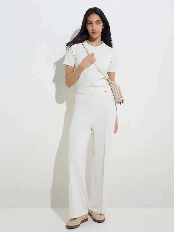 LOV Off-White Solid High-Rise Pants Stylish Elastic Waist Pants