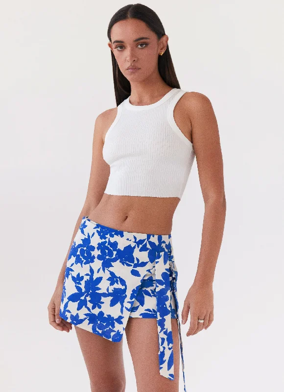 Steal Away Linen Wrap Skirt - Blue Floral seamless skirt comfort