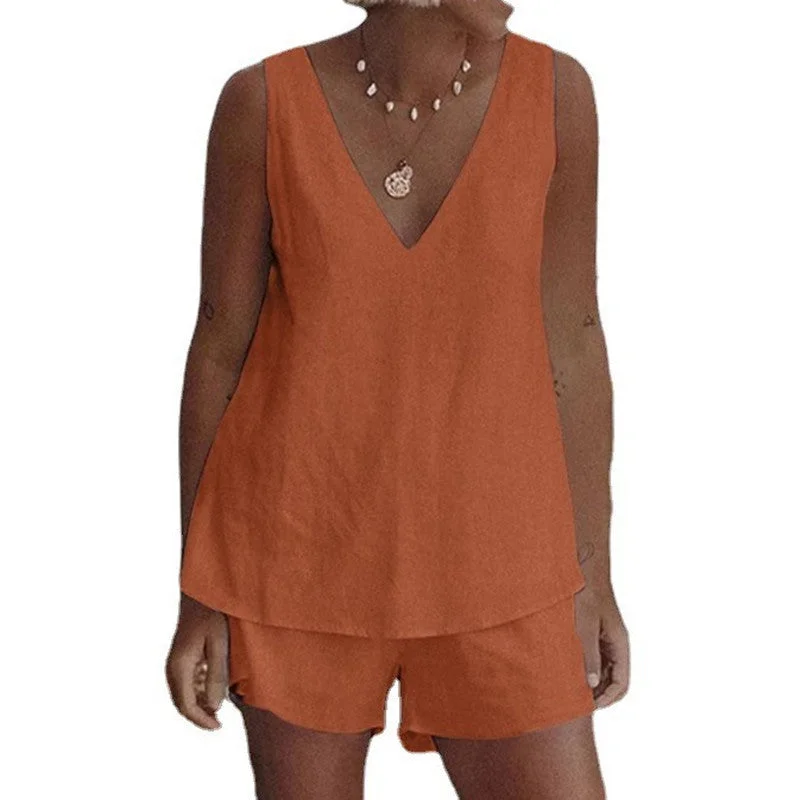 Summer linen plain simple casual set elastic waist shorts tank top two piece ladies sets plus size women's clothing lounge tank top Summer linen plain simple casual set elastic waist shorts tank top two piece ladies sets plus size women's clothing lounge tank top