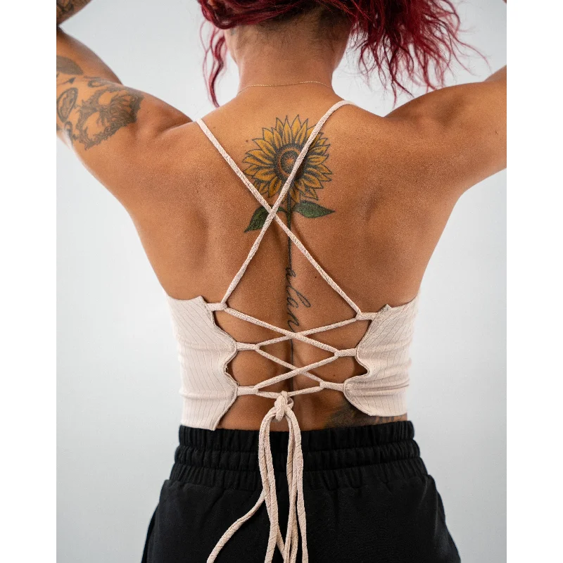 Salty Savage Ladies “Spliced Smile” Ribbed Lace Up Back Cropped Tank | Taupe soft pink tank Salty Savage Ladies “Spliced Smile” Ribbed Lace Up Back Cropped Tank | Taupe soft pink tank