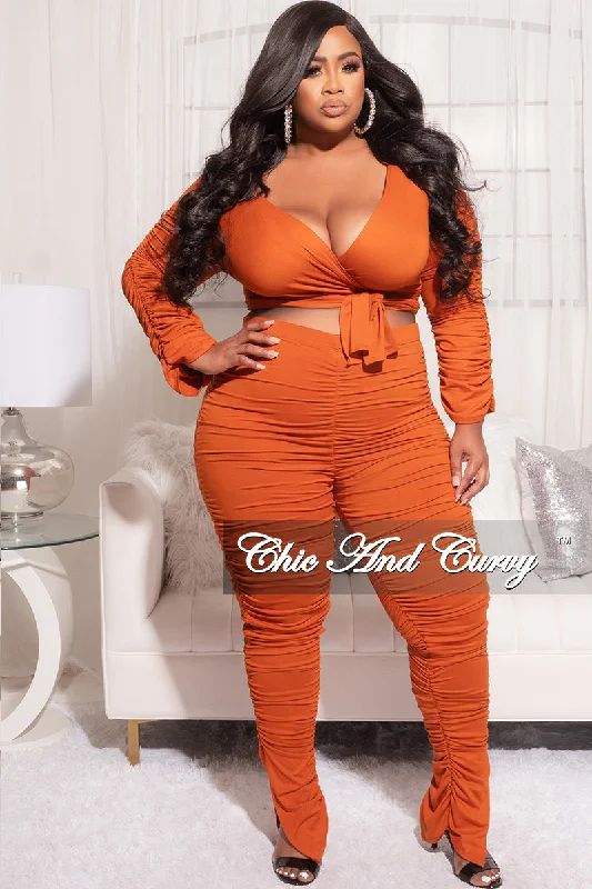 Final Sale Plus Size Ruched 2pc Faux Wrap Tie Top and Pants in Burnt Orange Slim-Fit Khaki Pants