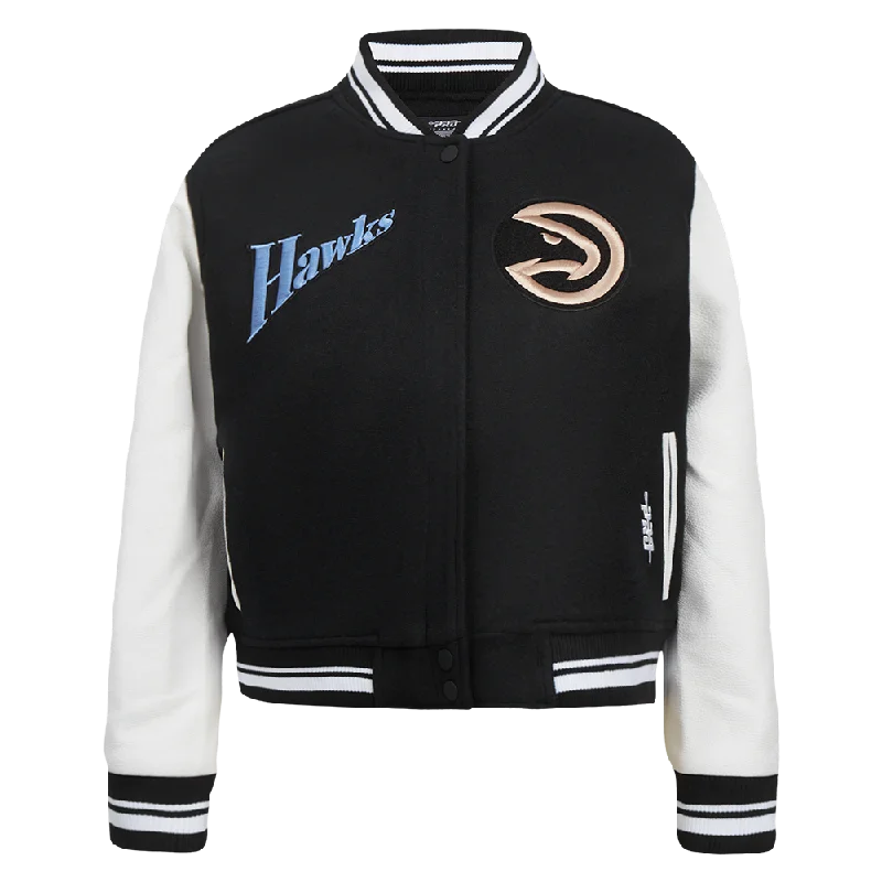 NBA ATLANTA HAWKS CITY EDITION 24-25 WOMEN'S RIB WOOL VARSITY JACKET (BLACK/WHITE) Welt Pockets Slit Pockets Flap Pockets
