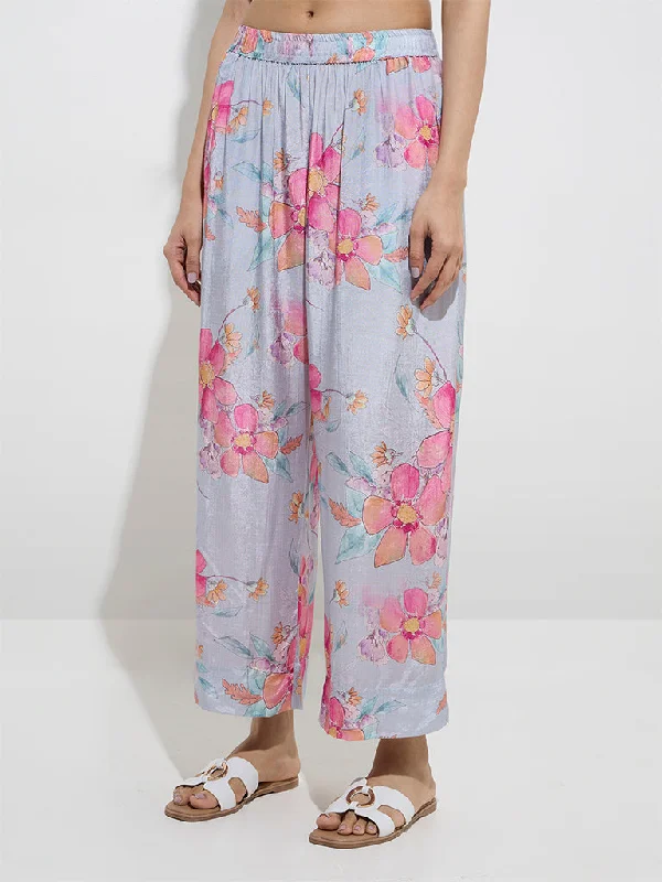Utsa Blue Floral Design Ethnic Pants Chic Slim Fit Pants