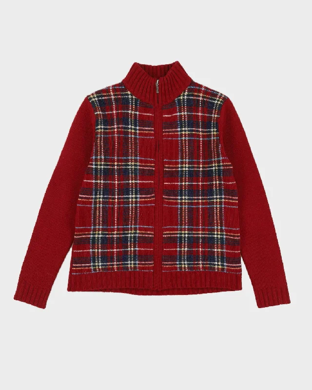 Eddie Bauer Red Tartan Knitted Cardigan - S Button Cardigan Zip Cardigan Pullover Cardigan