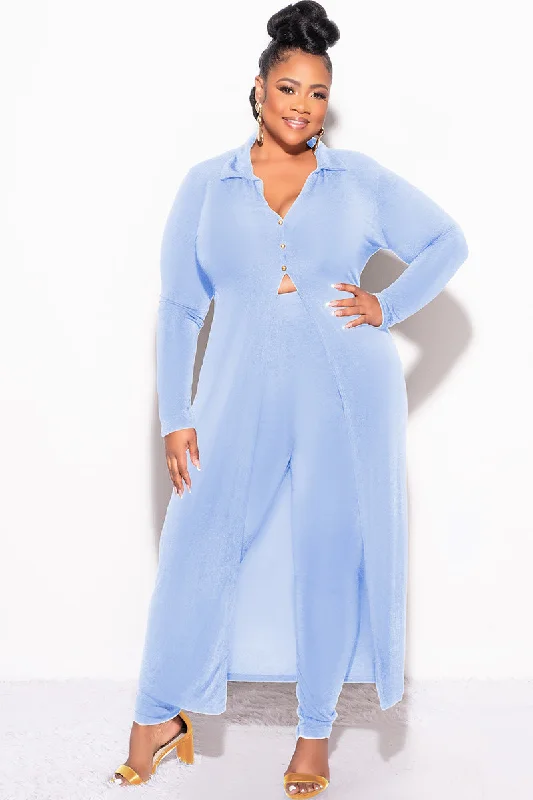 Final Sale Plus Size 2pc Set Duster Top with Front Gold Buttons and Matching Pants in Blue Slinky Fabric Chic Capri Pants