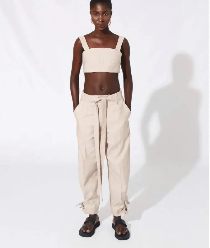 Ilda  Cut Out Cotton Pant - Beige Comfortable Wide-Leg Pants