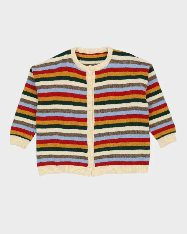 Cream Orange And Green Striped Cardigan - L Collared Crew Neck Turtle Neck