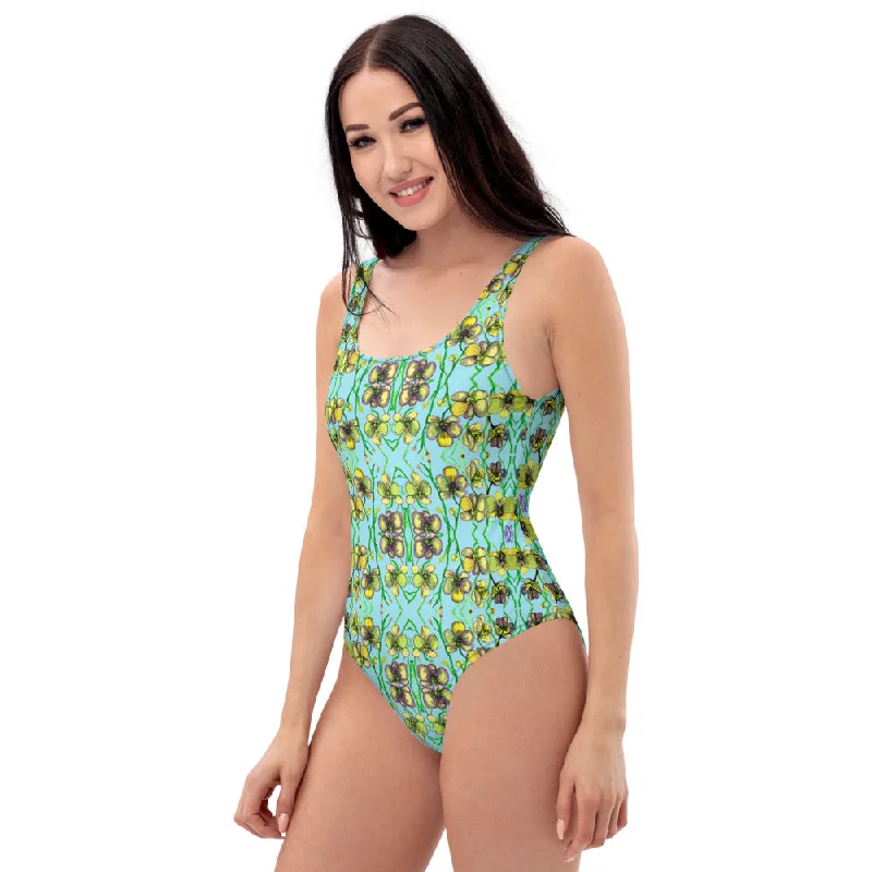 Light Blue Orchids Women's Swimwear, Designer Floral Print One-Piece Swimsuit For Women Beachy Ruffle Bikini